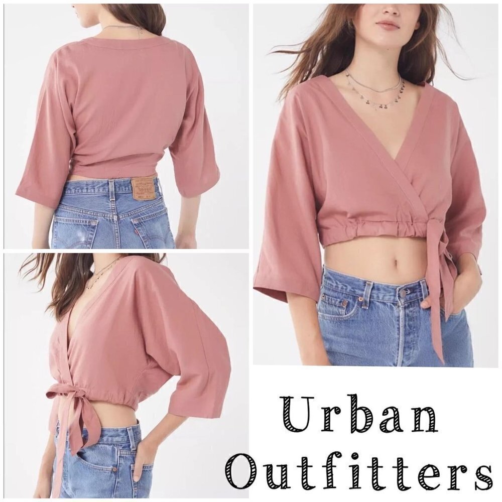 Urban Outfitters Pink Boho Wrap Front Tie Linen Kimmy Crop Top Sz XS